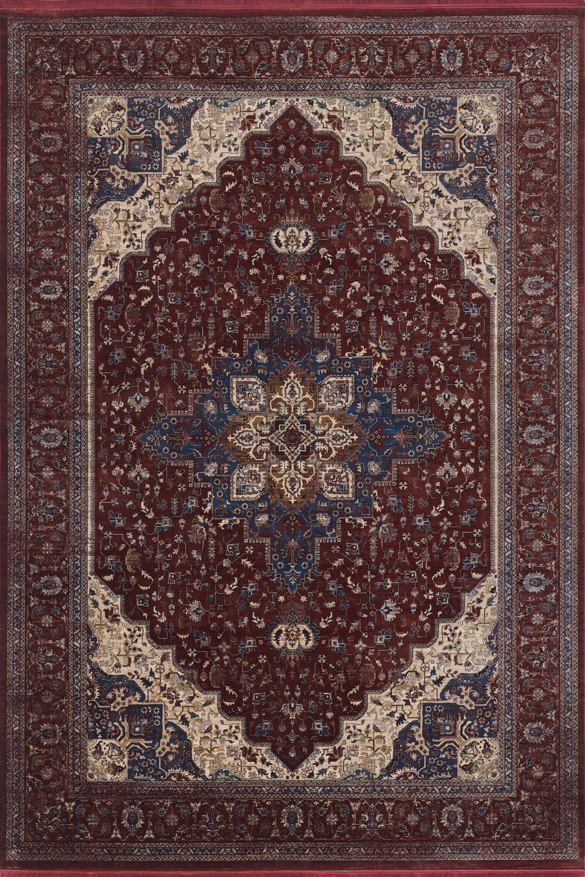 The Ethereal Garden Medallion Rug - Burgundy - 2222A is a machine-made Persian-style rug with a central blue and white medallion, intricate florals, and a detailed border on a rich burgundy and blue backdrop.