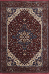 The Ethereal Garden Medallion Rug - Burgundy - 2222A is a machine-made Persian-style rug with a central blue and white medallion, intricate florals, and a detailed border on a rich burgundy and blue backdrop.