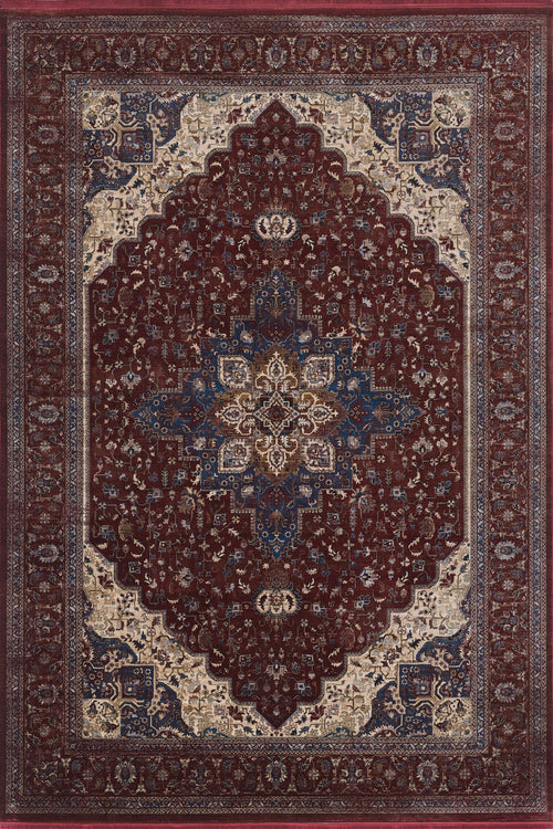 Load image 1 in gallery view. The Ethereal Garden Medallion Rug - Burgundy - 2222A is a machine-made Persian-style rug with a central blue and white medallion, intricate florals, and a detailed border on a rich burgundy and blue backdrop.
