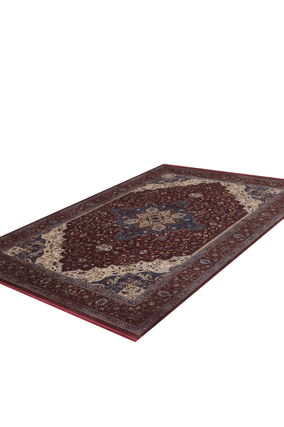 The Ethereal Garden Medallion Rug - Burgundy - 2222A features a rectangular design with a dark red center, intricate floral motifs, and detailed borders in navy blue, cream, and beige tones, displayed on a white background.