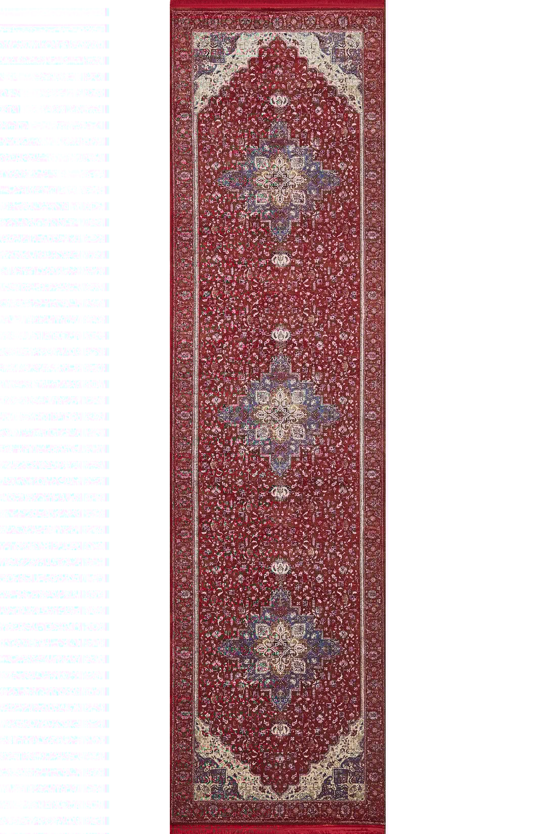 The Ethereal Garden Medallion Rug - Burgundy - 2222A is a rectangular Persian-style machine-made rug with intricate floral patterns, three large blue and white medallions, burgundy tones, and ornate cream-colored corner accents.