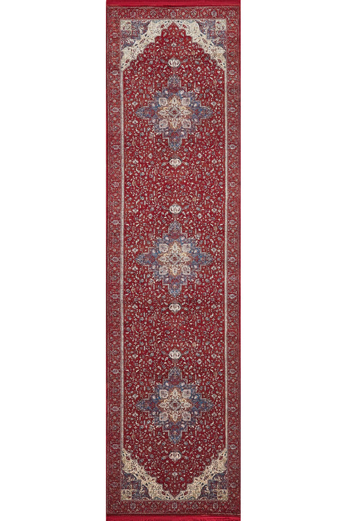 Load image 1 in gallery view. The Ethereal Garden Medallion Rug - Burgundy - 2222A is a rectangular Persian-style machine-made rug with intricate floral patterns, three large blue and white medallions, burgundy tones, and ornate cream-colored corner accents.