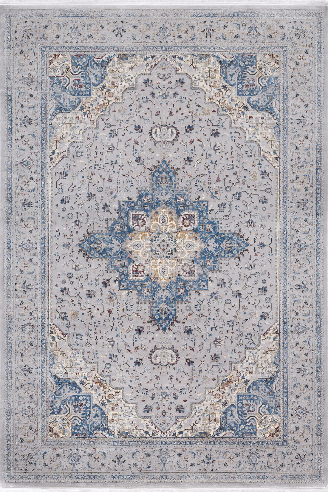 The Ethereal Garden Medallion Rug - Grey - 2222C is a machine-made modal silk-polyester rug, featuring a symmetrical blue and gold central medallion with floral and geometric motifs in shades of blue, gray, and beige.