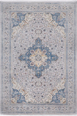 The Ethereal Garden Medallion Rug - Grey - 2222C is a machine-made modal silk-polyester rug, featuring a symmetrical blue and gold central medallion with floral and geometric motifs in shades of blue, gray, and beige.