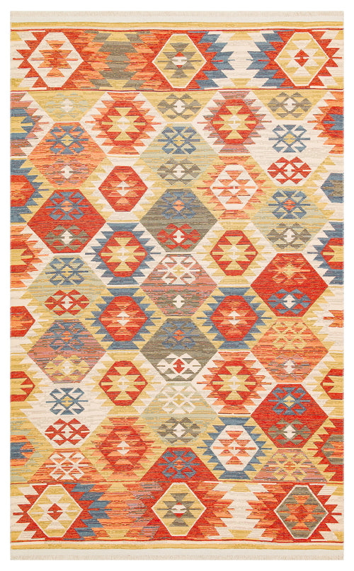 Load image 1 in gallery view. The Ethnic Mix - Kilim - NMD01 is a vibrant multicolour rug with geometric diamonds, hexagons, and triangles in red, orange, yellow, blue, and cream. Symmetrical tribal motifs add unique boho charm.