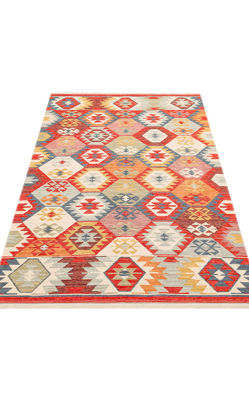 Load image 1 in gallery view. The Ethnic Mix - Kilim - NMD01 rug features a vibrant geometric diamond pattern with subtle tribal motifs in red, yellow, blue, and cream on a white background.
