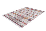 Ethno Expanse - Machine-Washable Rug - JR5046 features a rectangular flat weave with a southwestern geometric pattern in red, yellow, blue, and brown on a light background, fringed edges, and easy-care washable design. Custom size available.