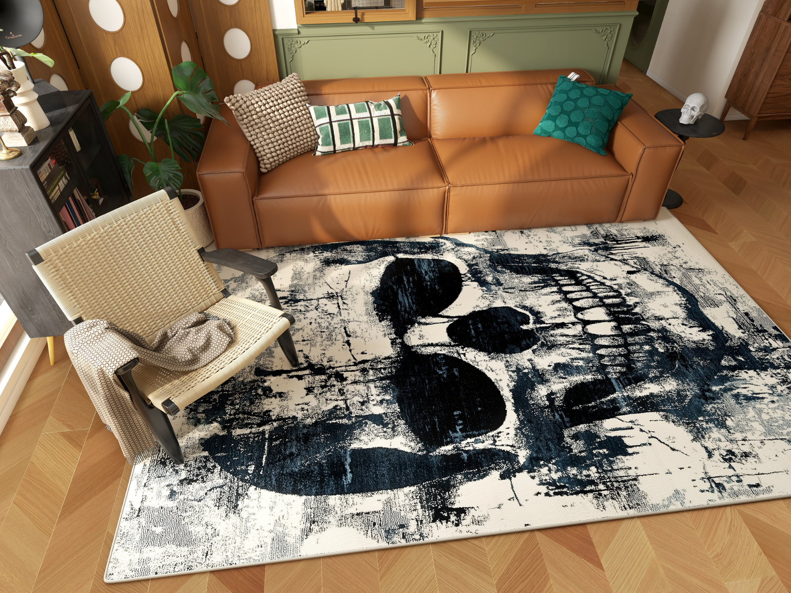 A modern living room with a tan leather sofa, armchair, and the Faded Skull - Washable Rug - HLW008 featuring a bold black and white abstract skull design. Wooden floors, houseplants, and decorative cushions complete the look.