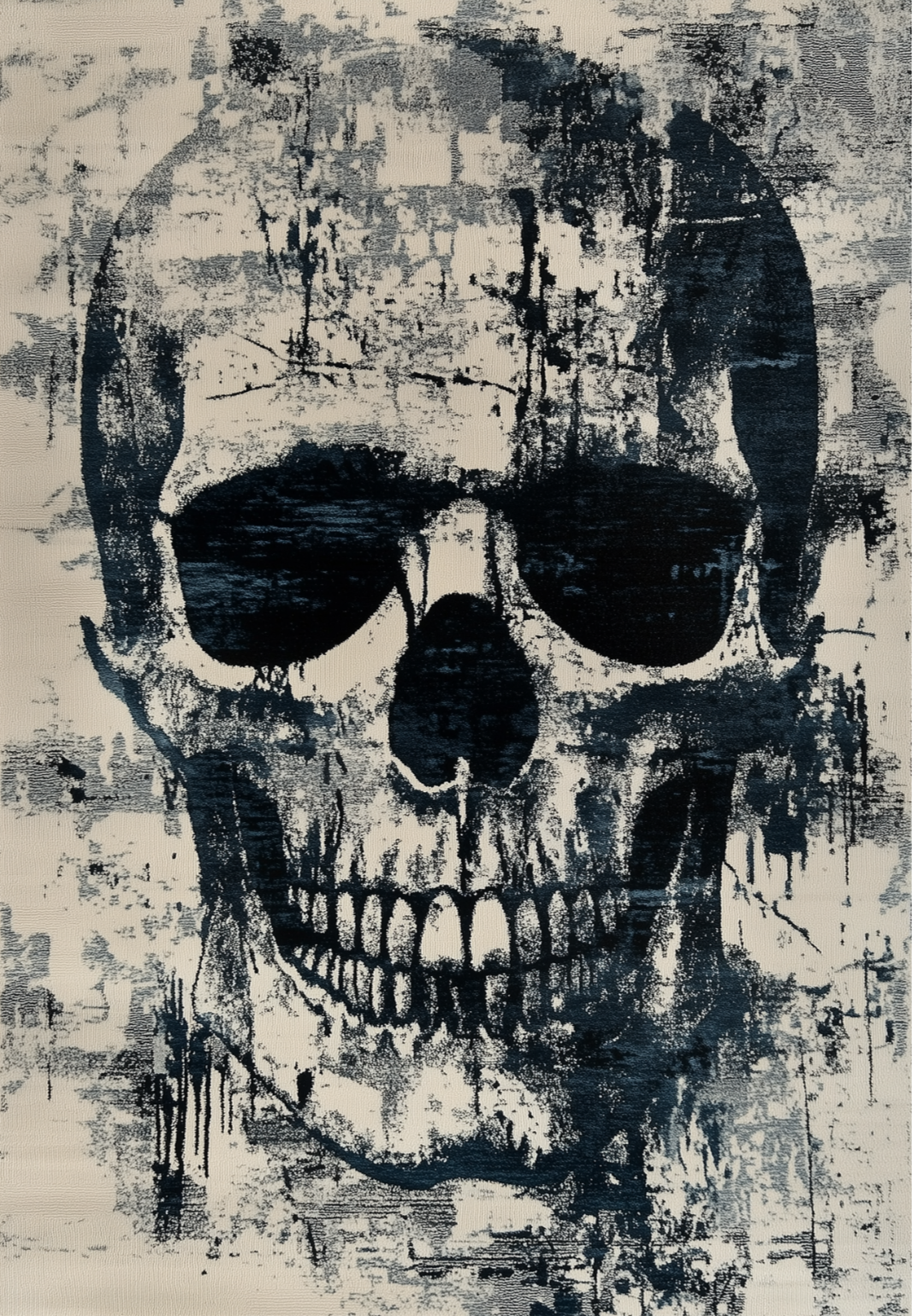 The Faded Skull - Washable Rug - HLW008 (Custom Size) features a bold black and white skull in an abstract, distressed style with paint splatters, ideal for adding edge to any allergy-friendly or washable rug collection.