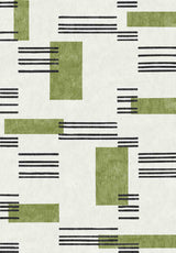The Faded Treasure - Washable Rug - JRN46 showcases olive green rectangles and horizontal black lines on a light beige background, offering a minimalist, modern look ideal for contemporary spaces.