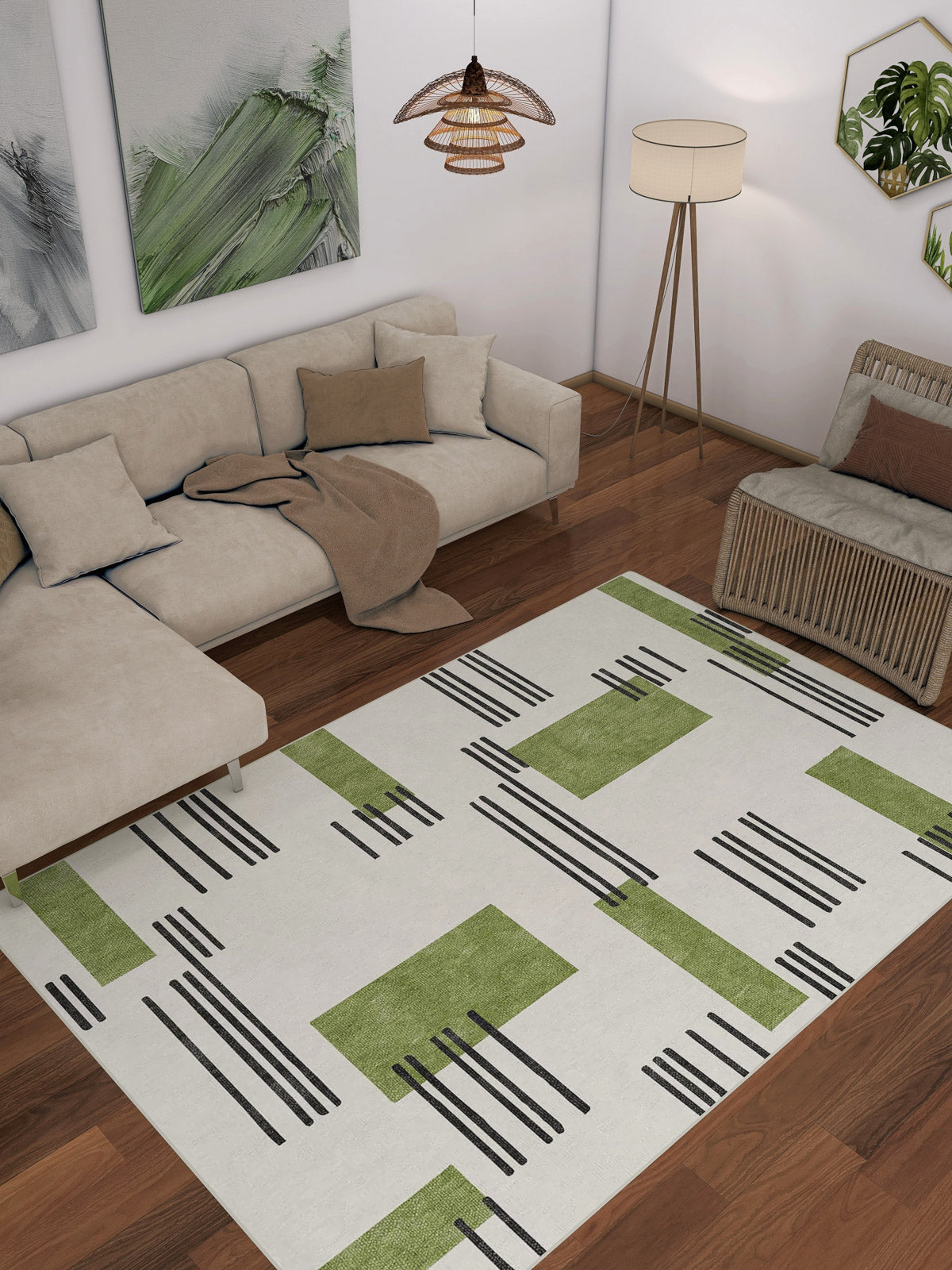 A modern living room featuring a beige sectional sofa, brown throw, floor lamp, wicker chair, and the Faded Treasure - Washable Rug - JRN46 on wooden floors. Abstract wall art and a hanging light fixture complete the stylish space.