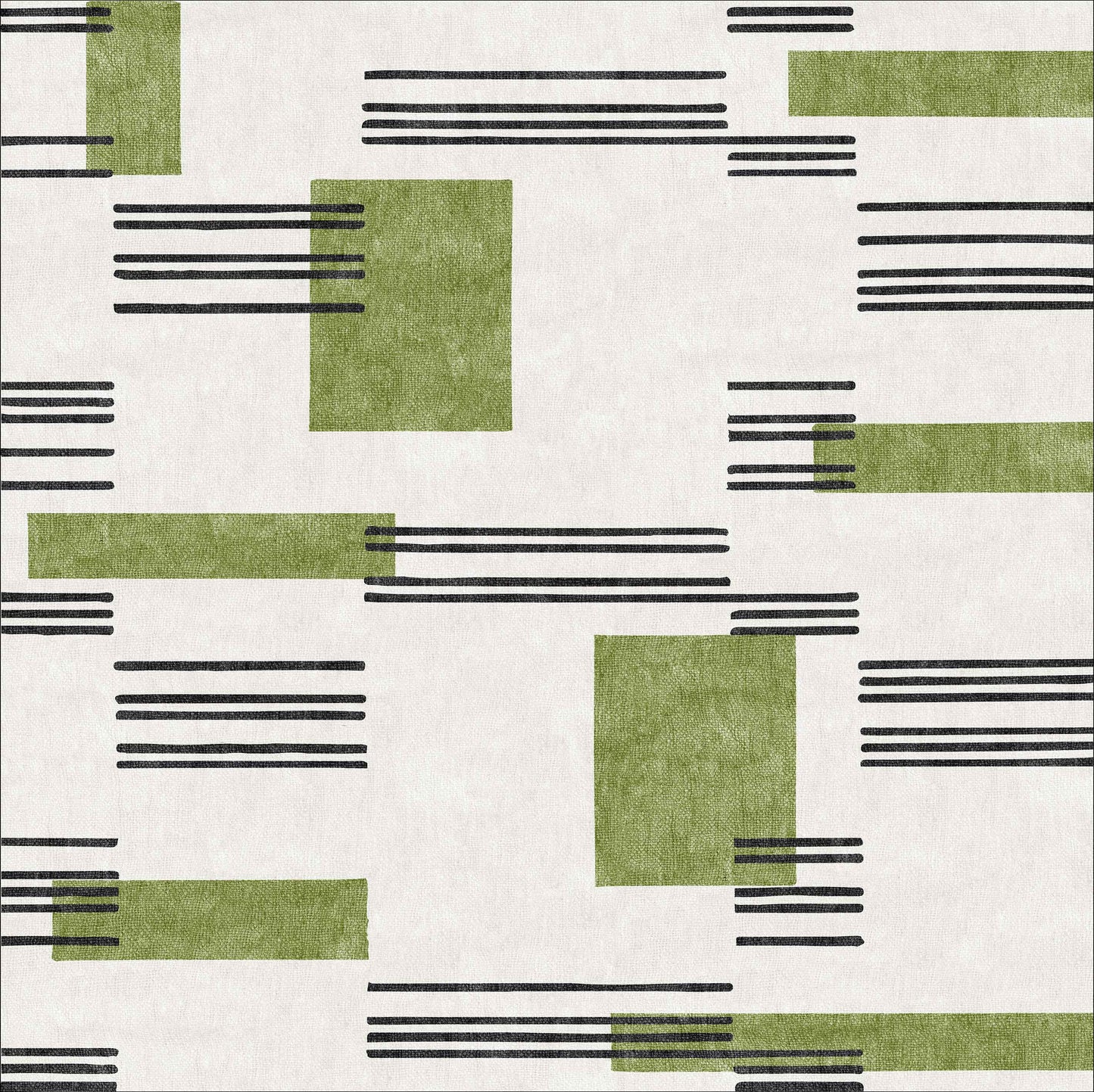 Faded Treasure - Washable Rug - JRN46 features a modern geometric design with green rectangles and horizontal black lines of varying lengths on a white background, offering a balanced, minimalist look.