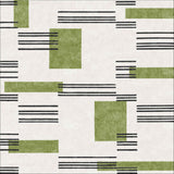 Faded Treasure - Washable Rug - JRN46 features a modern geometric design with green rectangles and horizontal black lines of varying lengths on a white background, offering a balanced, minimalist look.