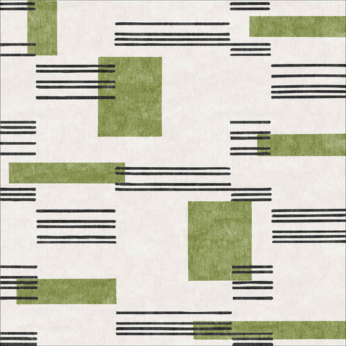 Load image 1 in gallery view. Faded Treasure - Washable Rug - JRN46 features a modern geometric design with green rectangles and horizontal black lines of varying lengths on a white background, offering a balanced, minimalist look.