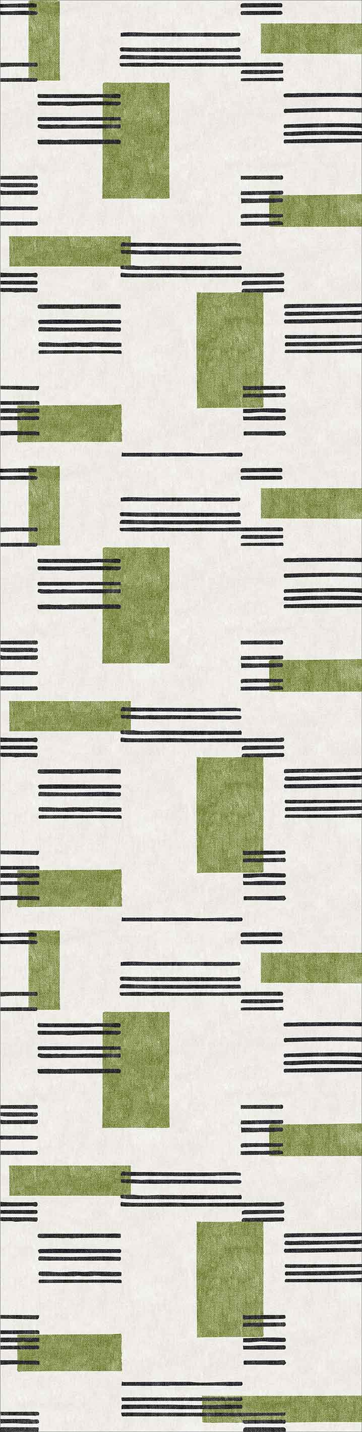 The Faded Treasure - Washable Rug - JRN46 features green rectangles and black horizontal lines on a light beige background in a modern, abstract grid pattern.
