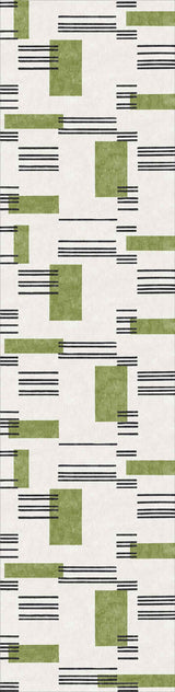 The Faded Treasure - Washable Rug - JRN46 features green rectangles and black horizontal lines on a light beige background in a modern, abstract grid pattern.