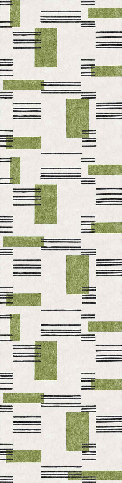 Load image 1 in gallery view. The Faded Treasure - Washable Rug - JRN46 features green rectangles and black horizontal lines on a light beige background in a modern, abstract grid pattern.