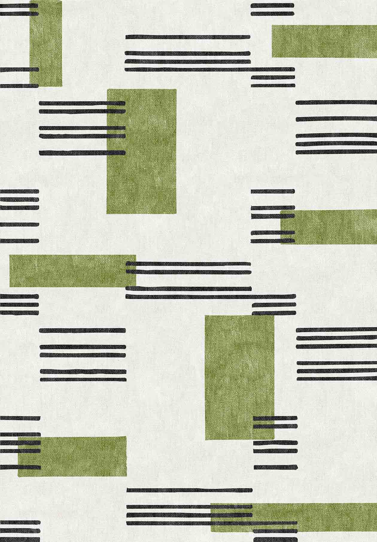 The Faded Treasure - Washable Rug - JRN46 (Custom Size) features green rectangles and parallel black lines on an off-white background, creating a modern geometric look that adds style to high-traffic areas.