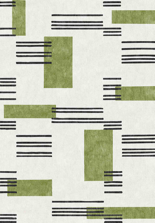 Load image 1 in gallery view. The Faded Treasure - Washable Rug - JRN46 (Custom Size) features green rectangles and parallel black lines on an off-white background, creating a modern geometric look that adds style to high-traffic areas.