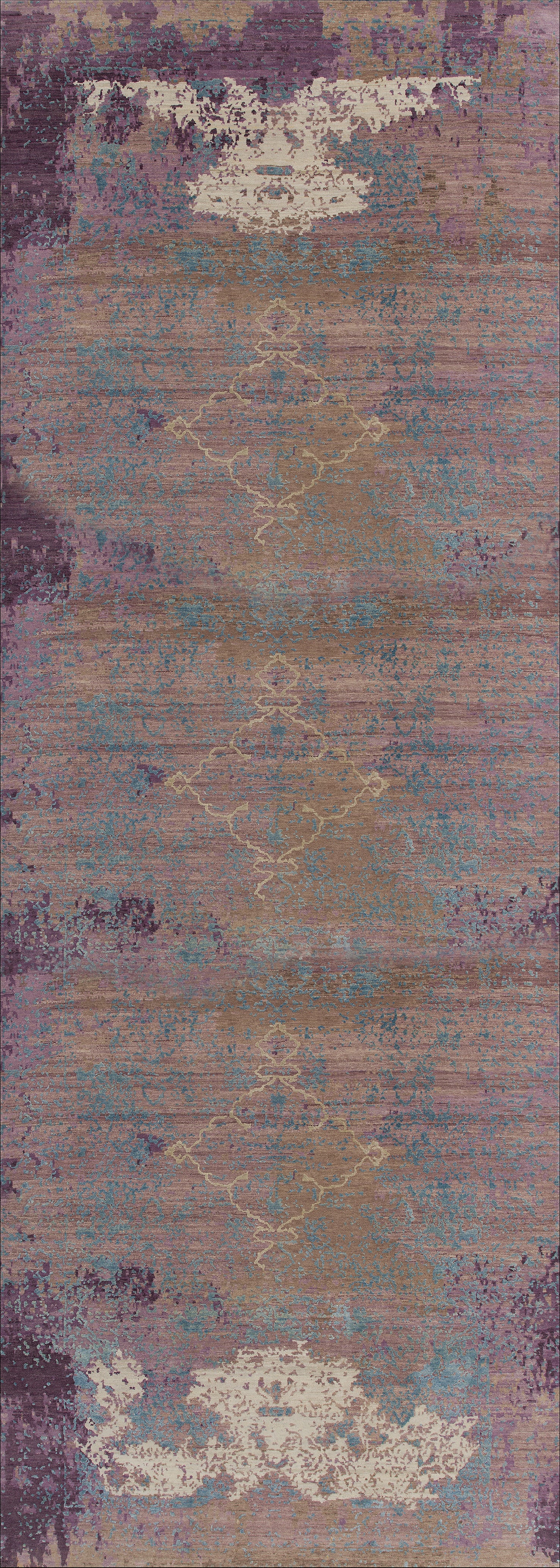 The Faerie Weave - Washable Rug (JRS005) is a rectangular abstract purple rug with blue, gold, and cream patches, subtle horizontal lines, and a distressed look—great for high-traffic areas.