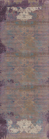 The Faerie Weave - Washable Rug (JRS005) is a rectangular abstract purple rug with blue, gold, and cream patches, subtle horizontal lines, and a distressed look—great for high-traffic areas.