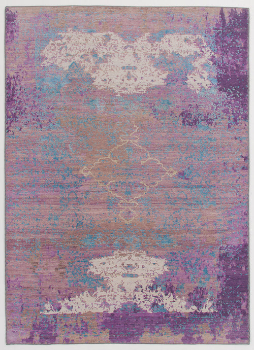 Load image 1 in gallery view. The Faerie Weave - Washable Rug - JRS005 (Custom Size) features a rectangular shape, abstract purple, blue, tan, and off-white pattern with a distressed look—ideal for high-traffic areas.