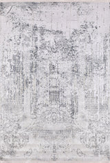 The Faint Memories - Washable Rug - JR1437 (Custom Size) is a distressed, vintage-style flat weave rug with a faded, intricate gray and white pattern featuring subtle floral and geometric motifs for an aged look.