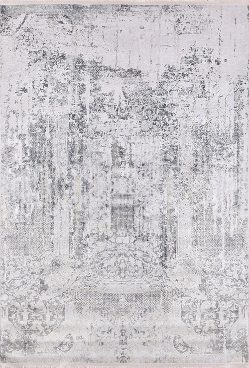 Load image 1 in gallery view. The Faint Memories - Washable Rug - JR1437 (Custom Size) is a distressed, vintage-style flat weave rug with a faded, intricate gray and white pattern featuring subtle floral and geometric motifs for an aged look.