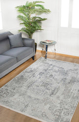A modern living room with a gray sofa, throw pillow, round glass side table with magazines, tall green potted plant, and the Faint Memories - Washable Rug - JR1437 (Custom Size) in gray-anthracite on a wooden floor.
