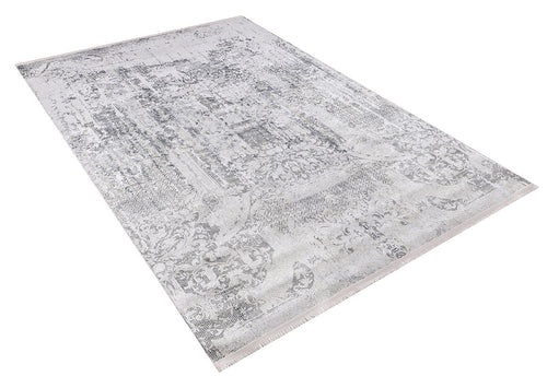 Load image 1 in gallery view. The Faint Memories - Washable Rug - JR1437 (Custom Size) features a large rectangular flat weave with a faded, intricate gray and white pattern for a vintage look. Shown angled on a white background.