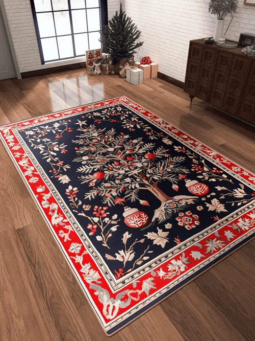 Load image 1 in gallery view. The Fir Wonderland Washable Area Rug - MDJ018, featuring a multicolor tree and floral pattern with a red border on a dark background, adds festive charm to any room—ideal for high-traffic areas during the holiday season.
