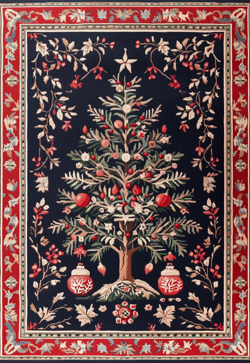 Load image 1 in gallery view. The Fir Wonderland Washable Area Rug - MDJ018 features a Christmas tree with red ornaments and floral designs on a dark background, framed by a multicolor rug-inspired border, adding festive charm to high-traffic areas.