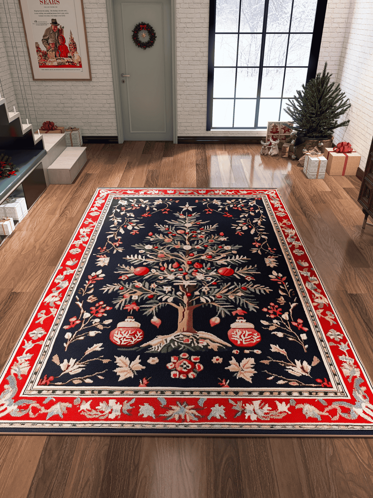 A festive room features the Fir Wonderland Washable Area Rug - MDJ018 (Custom Size) in multicolor on the wooden floor—ideal for high-traffic areas—plus presents, a small tree by the window, a wreath, and holiday decorations throughout.