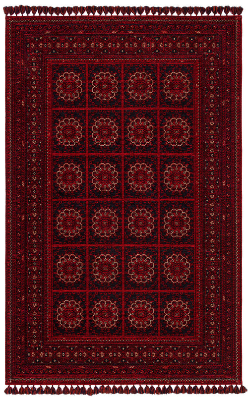 Load image 1 in gallery view. The Fire Ripple - Kilim - BHR03 is a rectangular red and black rug with Turkish-inspired floral medallion grids, intricate geometric borders, and decorative tassels on the short edges.