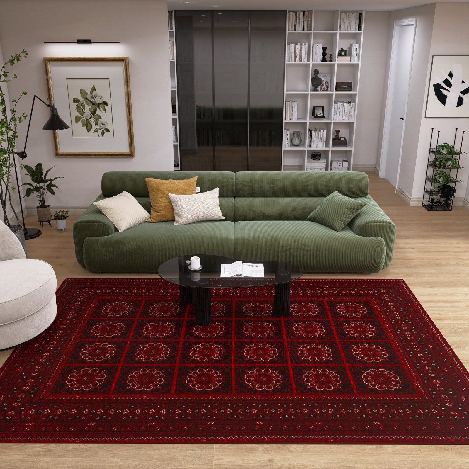 A modern living room with a green sofa, beige armchair, Fire Ripple - Kilim - BHR03 rug, black coffee table, bookshelves, framed artwork on light walls, and wooden flooring—ideal for elegant home decor.