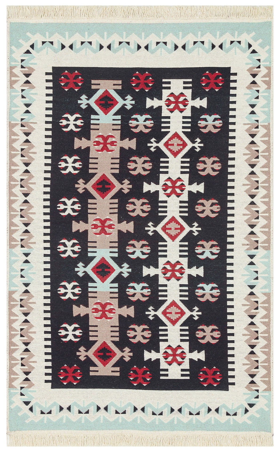 The Flame Line - Washable Reversible Kilims - AR32 features a rectangular tribal geometric design in red, teal, beige, and white on black, bordered by light blue and beige zigzags with fringe. This washable kilim adds vibrant style to any space.