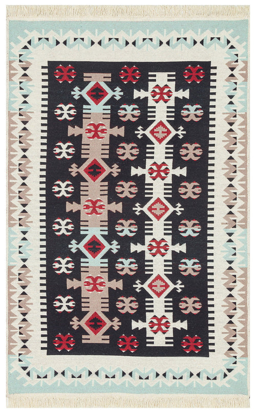 Load image 1 in gallery view. The Flame Line - Washable Reversible Kilims - AR32 features a rectangular tribal geometric design in red, teal, beige, and white on black, bordered by light blue and beige zigzags with fringe. This washable kilim adds vibrant style to any space.