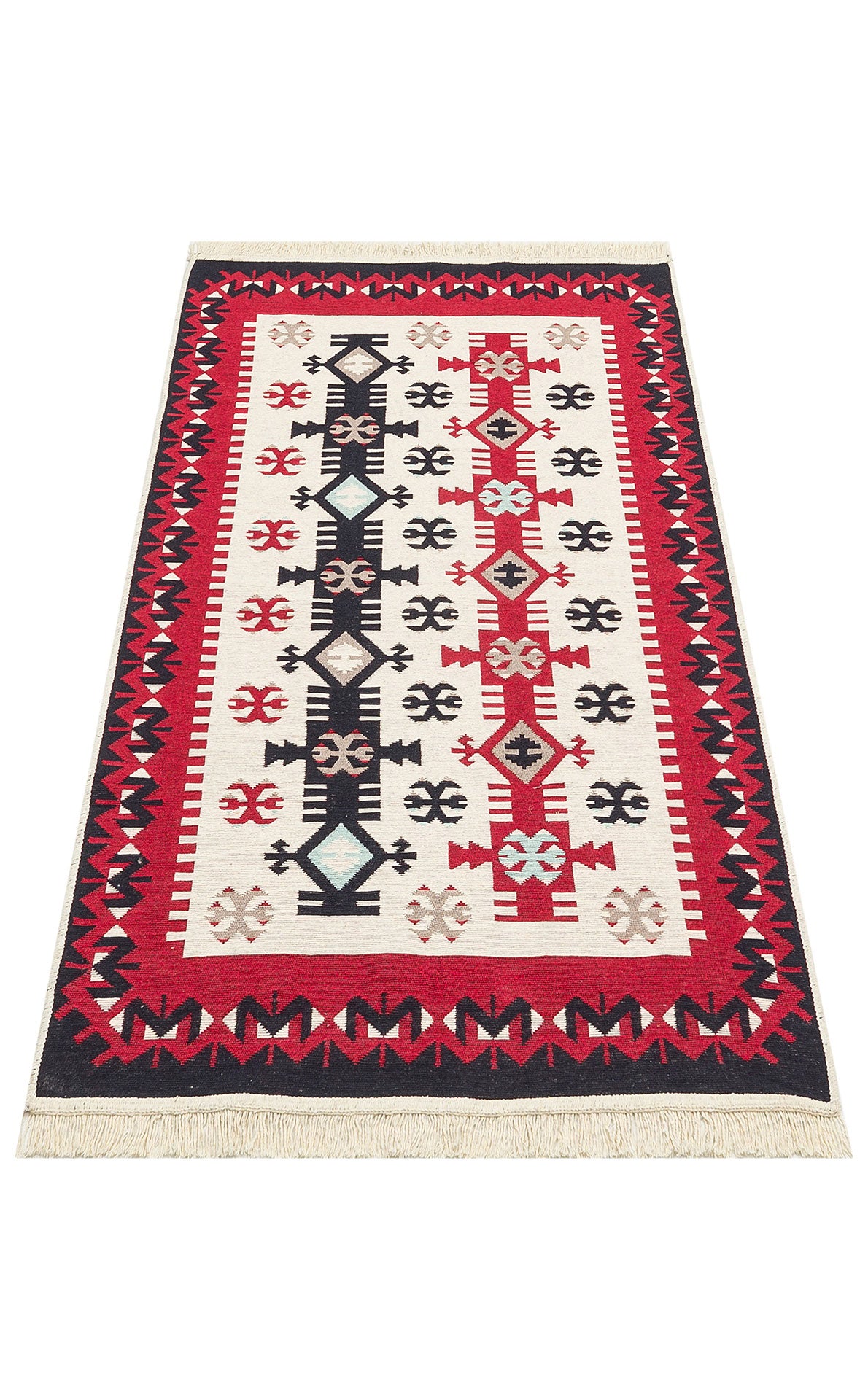 The Flame Line - Washable Reversible Kilims - AR32 is a rectangular tribal geometric rug with a white background, bold black, red, and beige patterns, a striking red and black border, and beige fringe on the shorter sides.