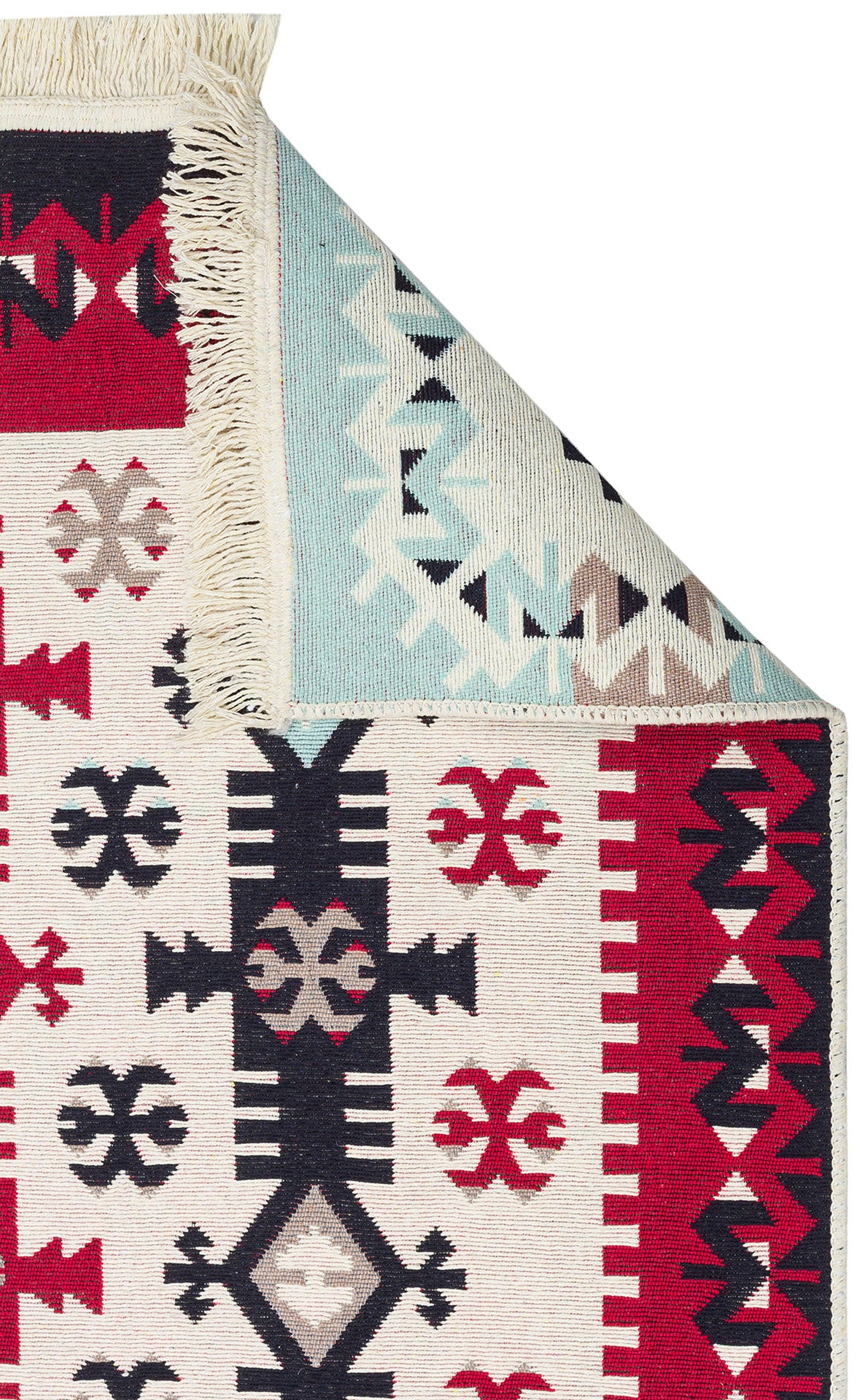 The Flame Line - Washable Double-Sided Kilims - AR32 features geometric patterns in red, black, beige, and light blue. A folded corner shows the reverse side with similar lighter designs and fringe along the edge.