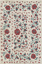 The Floral Ivory - Washable Rug - JRN1025 (Custom Size) features an intricate red and green floral pattern on a cream background with matching borders, making it ideal for high-traffic areas.