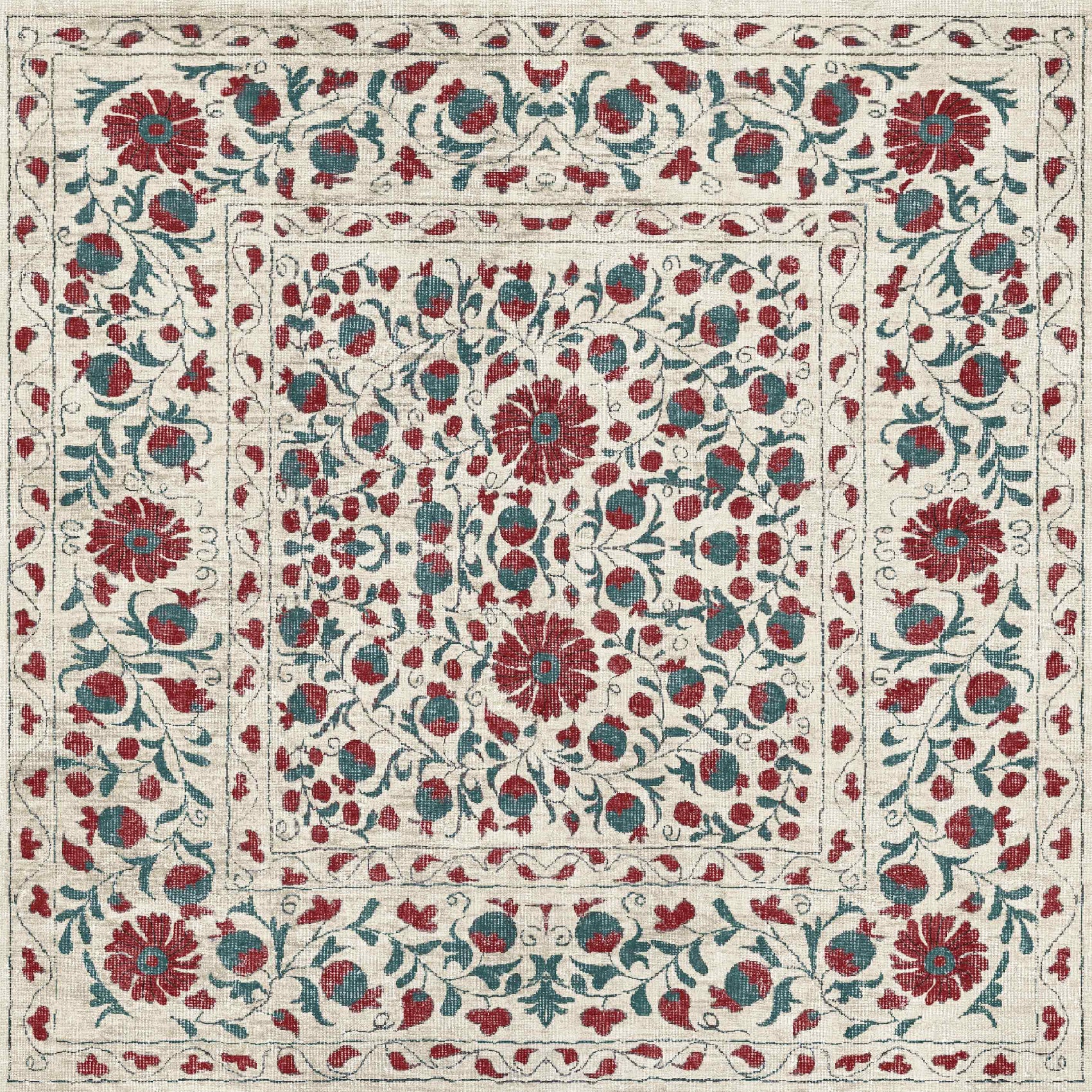 The Floral Ivory - Washable Rug - JRN1025 features intricate red and teal floral embroidery on a cream base with symmetrical flowers, leaves, and vines, plus a multi-banded floral border—perfect for high-traffic areas.