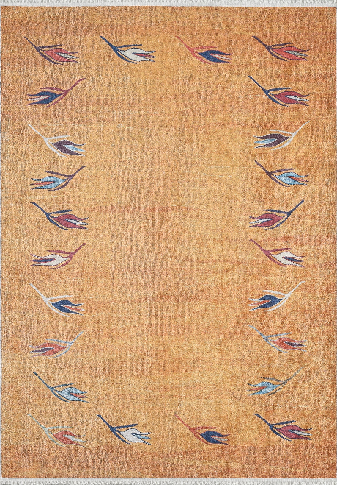 The Floral Mosaic - Washable Rug - JR1720 (Custom Size) is a rectangular orange rug with red, blue, white, and black abstract leaf motifs along the edges. Its minimal design and durable build make it ideal for high-traffic areas.