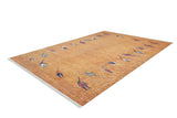 The Floral Mosaic - Washable Rug - JR1720 (Custom Size) is a rectangular, orange-brown rug with subtle texture, abstract blue, red, and white leaf motifs along the border, white fringe on short edges—ideal for high-traffic areas.