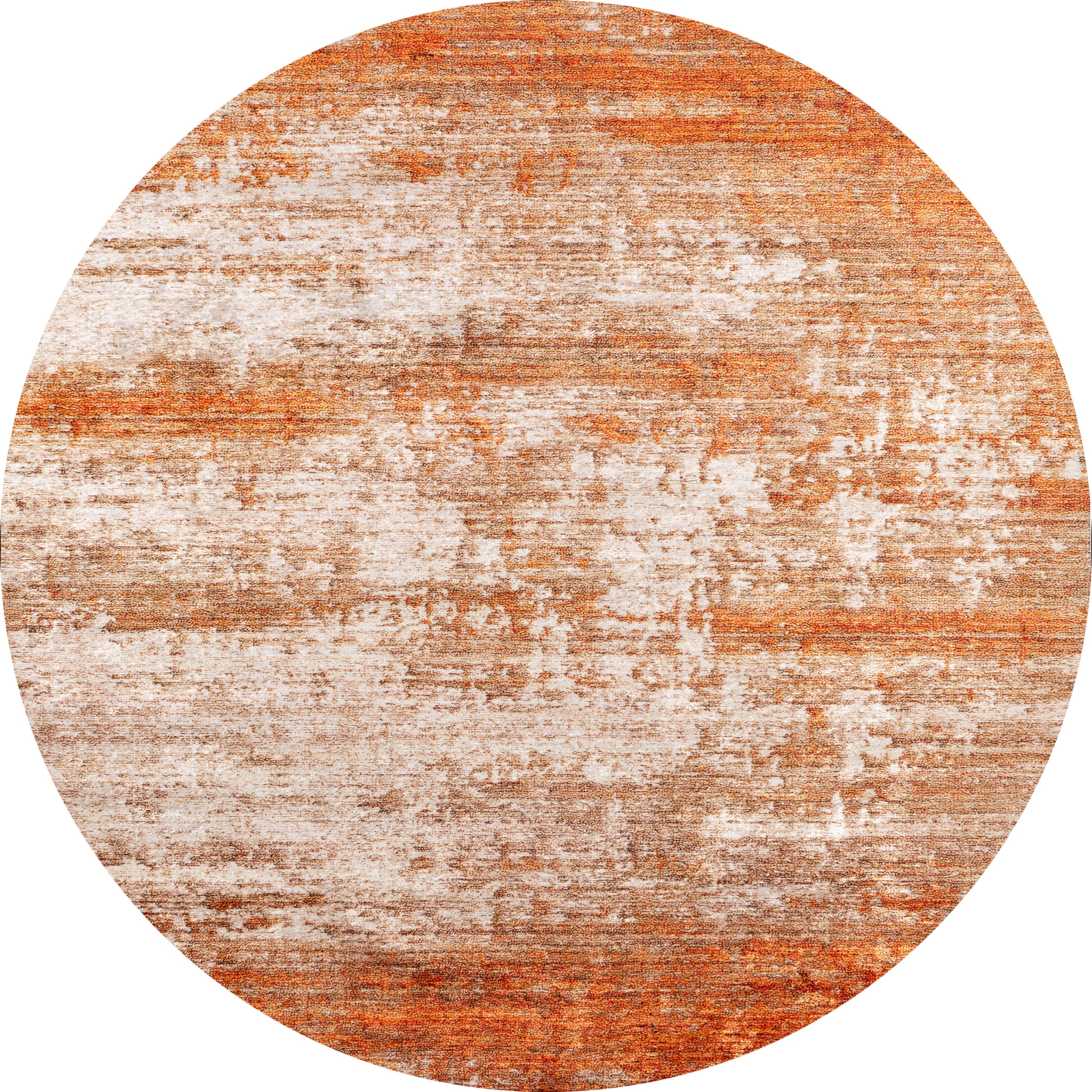 The Fluffy Brushed - Washable Rug - JR584 (Custom Size) features a round orange design with a textured, distressed brown and cream pattern for a rustic vintage look. This easy-care, washable rug is perfect for high-traffic areas.