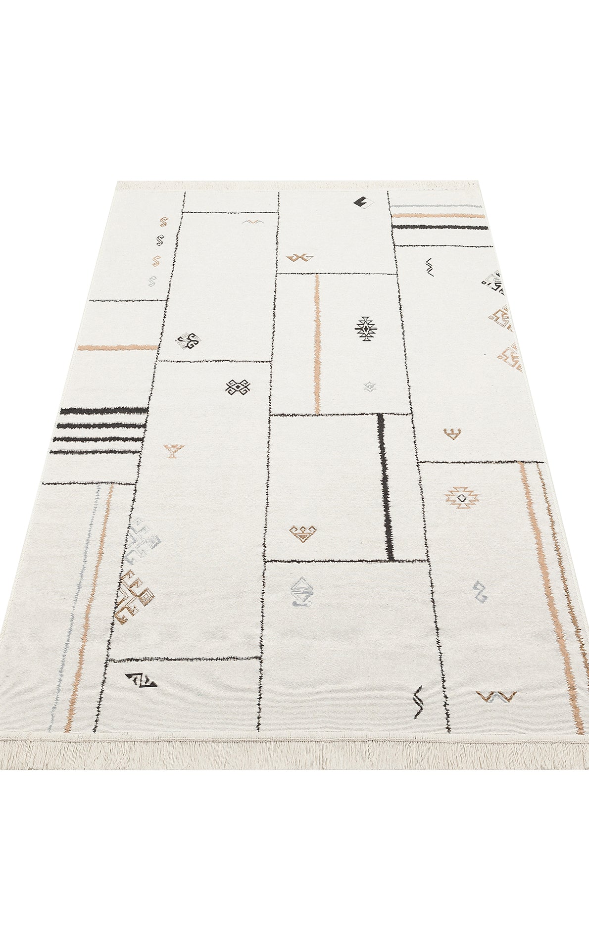 The Fog Detail - Washable Reversible Kilims - AR40 is a rectangular reversible rug with a white background, thin black, beige, and gray lines in a grid pattern, small geometric shapes throughout, recycled cotton material, and short fringed edges.