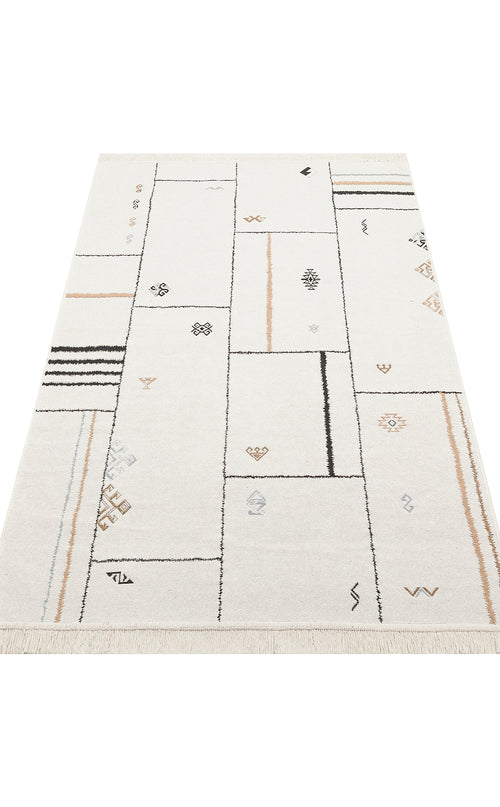 Bild 1 in Galerieansicht laden. The Fog Detail - Washable Reversible Kilims - AR40 is a rectangular reversible rug with a white background, thin black, beige, and gray lines in a grid pattern, small geometric shapes throughout, recycled cotton material, and short fringed edges.