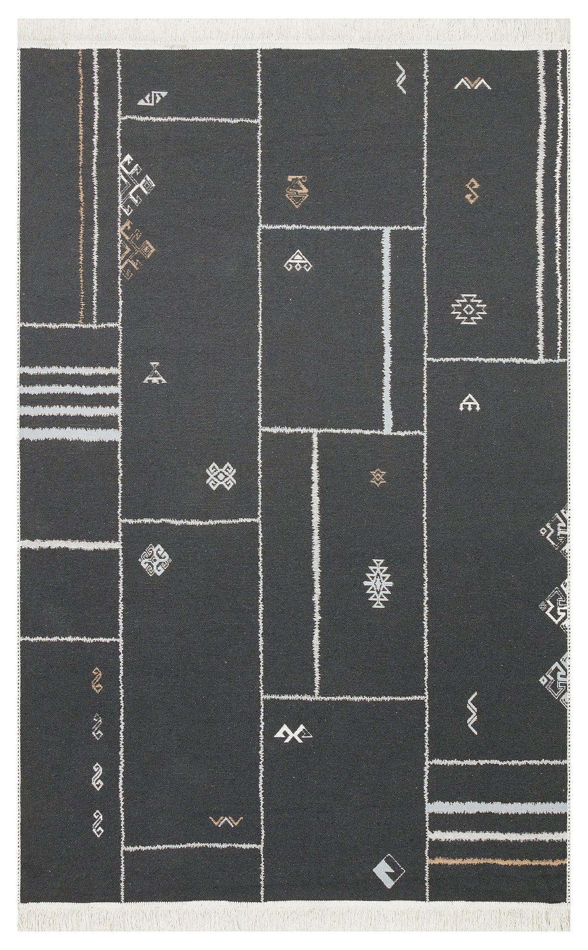 The Fog Detail - Washable Double-Sided Kilims - AR40 is a rectangular, dark gray reversible rug with cream and tan geometric grid lines, small abstract symbols, and short fringe on the ends. It’s fully washable for easy care.