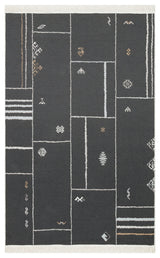 The Fog Detail - Washable Double-Sided Kilims - AR40 is a rectangular, dark gray reversible rug with cream and tan geometric grid lines, small abstract symbols, and short fringe on the ends. It’s fully washable for easy care.