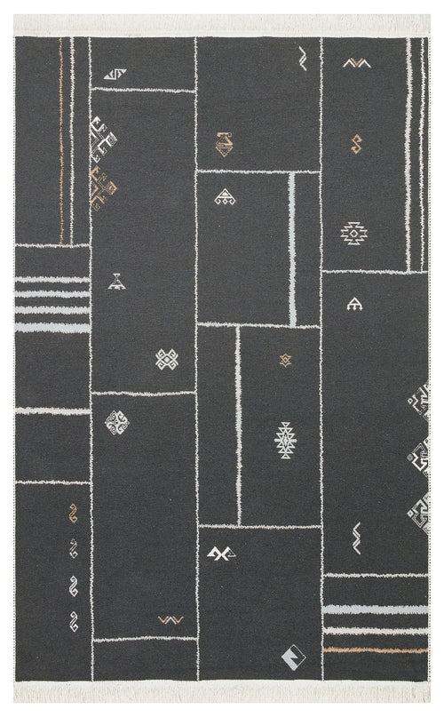 Bild 1 in Galerieansicht laden. The Fog Detail - Washable Double-Sided Kilims - AR40 is a rectangular, dark gray reversible rug with cream and tan geometric grid lines, small abstract symbols, and short fringe on the ends. It’s fully washable for easy care.