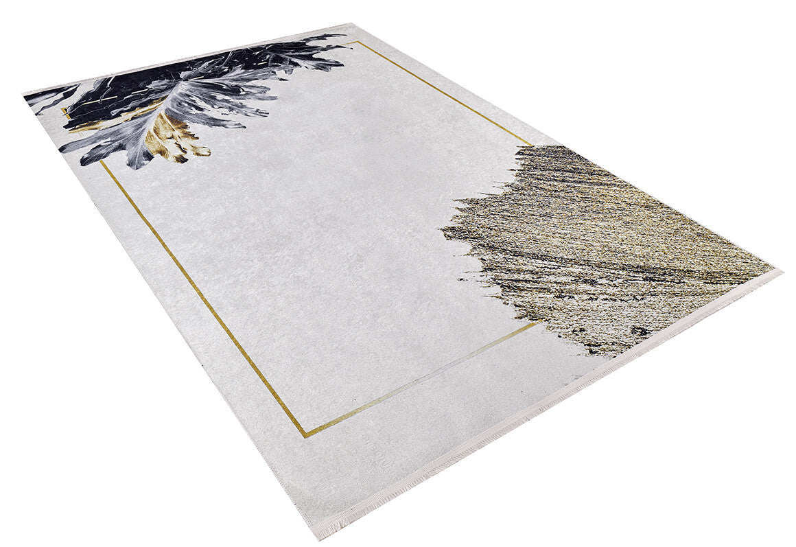 The Funky Floral Frenzy - Machine-Washable Rug JR1376 features a rectangular, mostly white design with gold border lines, a black and gold abstract leaf in one corner, and a textured gold and gray pattern in the opposite corner—ideal for high-traffic areas.
